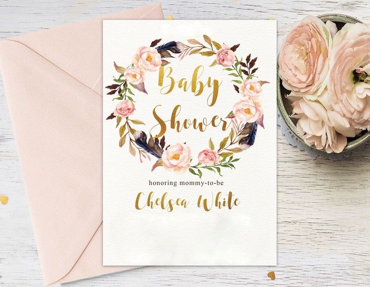 Pomysły na zaproszenie na baby shower styl boho motyw kwiatowy wieniec kwiatowy