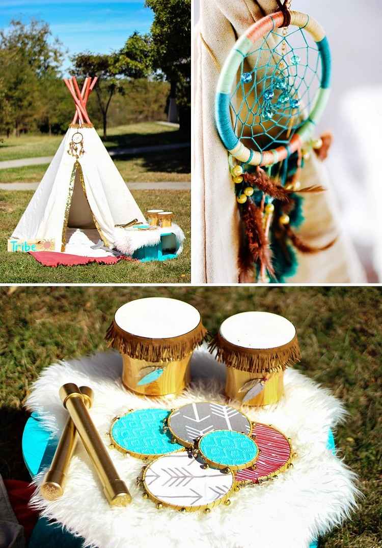 boho dekoracja baby shower ogród namiot tipi łapacz snów bębny tamburyny