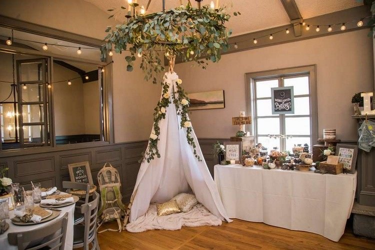 boho baby shower pomysły na dekorację wnętrz świeży zielony tipi