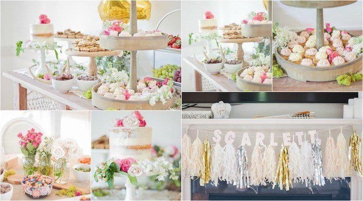 dekoracja na baby shower w stylu boho girlanda z frędzlami nagie ciasto babeczki