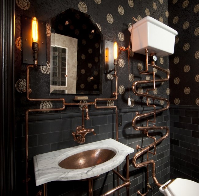 Steampunk projekt łazienki - eklektyczna metalowa rura - chromowana architektura Andre Rothblatt