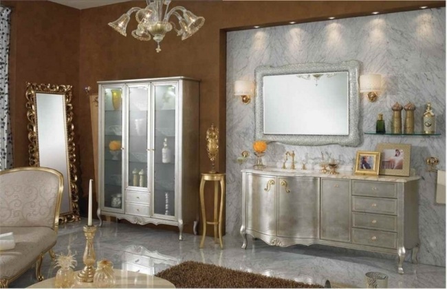 Klasyczny design łazienkowy - gzymsy meblowe - zdobione ozdobne - bogate fronty