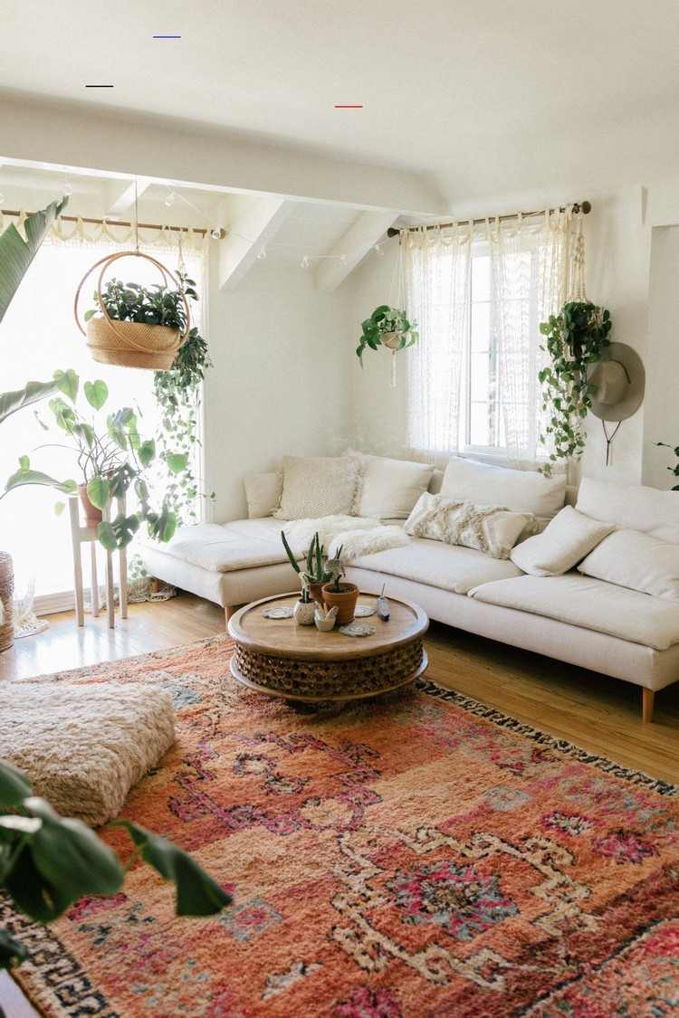 nowoczesne pomysły na salon boho Marokański dywan, który rośliny do salonu