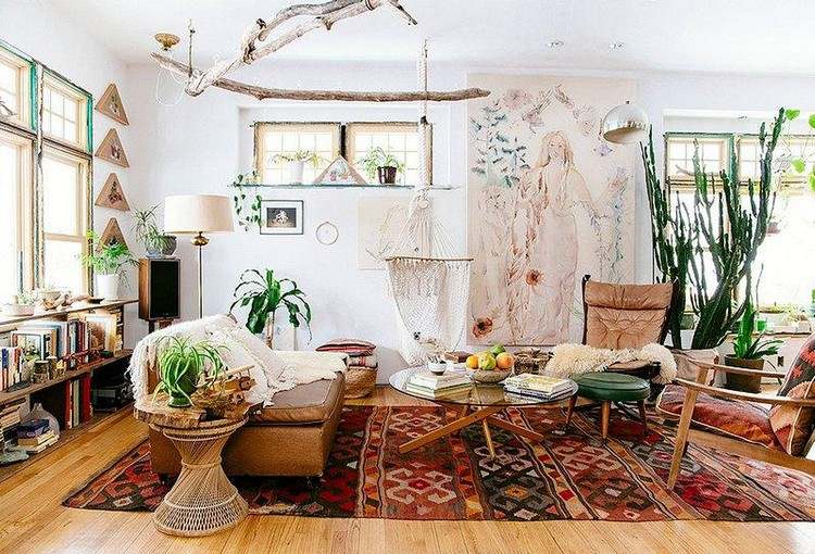 Projekt salonu Boho Marokański dywan w stylu vintage meble trend