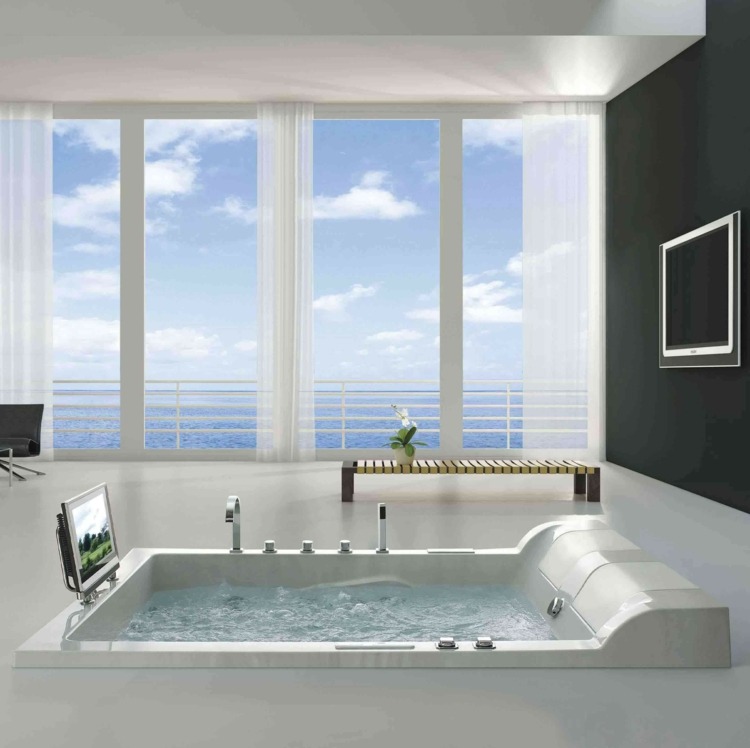 Zatopione jacuzzi z telewizorem wanna z hydromasażem luksus-relaks-wellness-łazienka-design-tv
