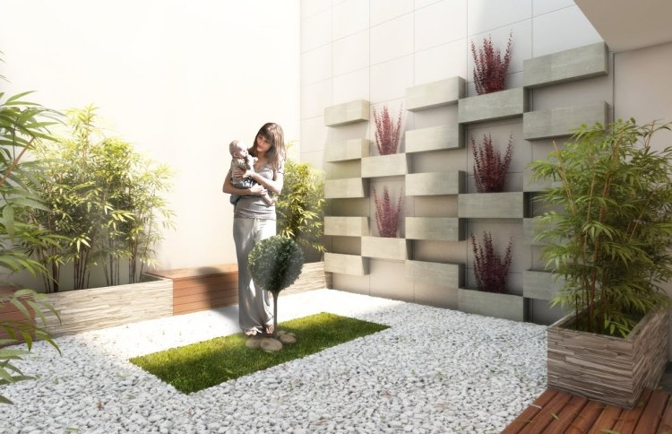 nowoczesny ogród Feng Shui o ciekawym designie feng-shui-ogród-biały-żwir-podłoga-trawnik-bambus-kamień-wiadro