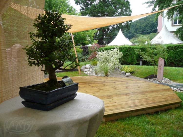 drzewo bosai w donicy jako dekoracja w ogrodzie Feng Shui Projekt ogrodu Feng Shui-drewniany taras-bonsai-żagle słoneczne