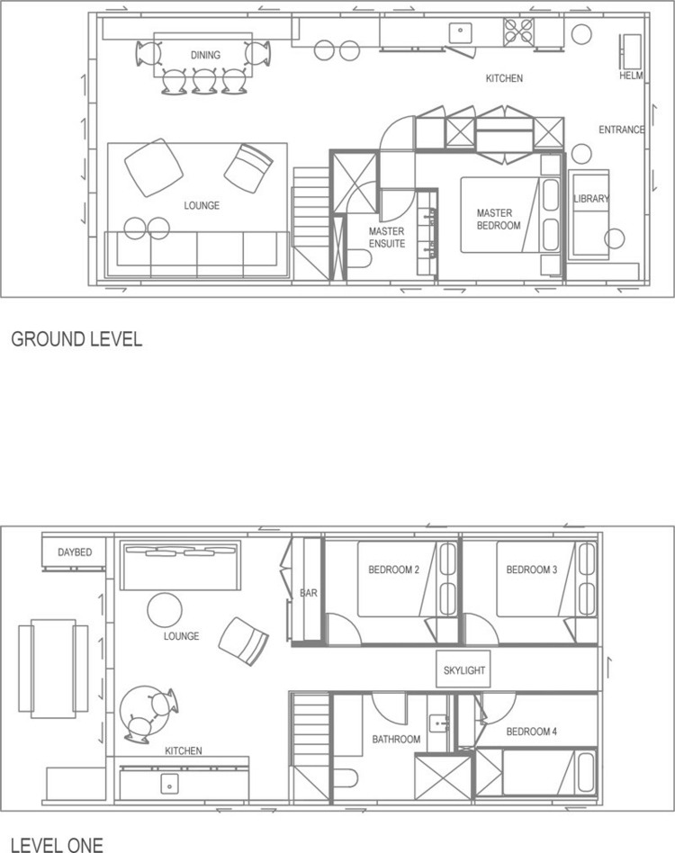 Wnętrze łodzi mieszkalnej - rzut obu kondygnacji houseboat wnętrze plan piętra umeblowanie podłogi salon kuchnia