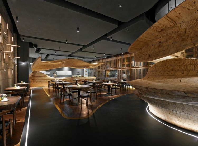 bar drewniany organiczny kształt stoły restauracja tajwan surowy design