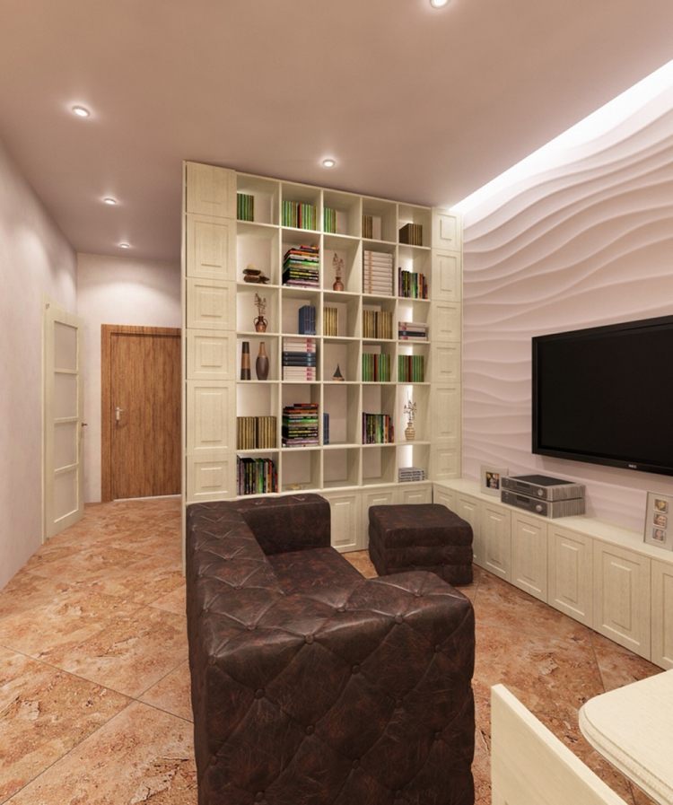 wąski salon z klasycznie nowoczesnym wyposażeniem oświetlenie-pośrednie-pomysły-salon-sufit-3d-panele-ścienne