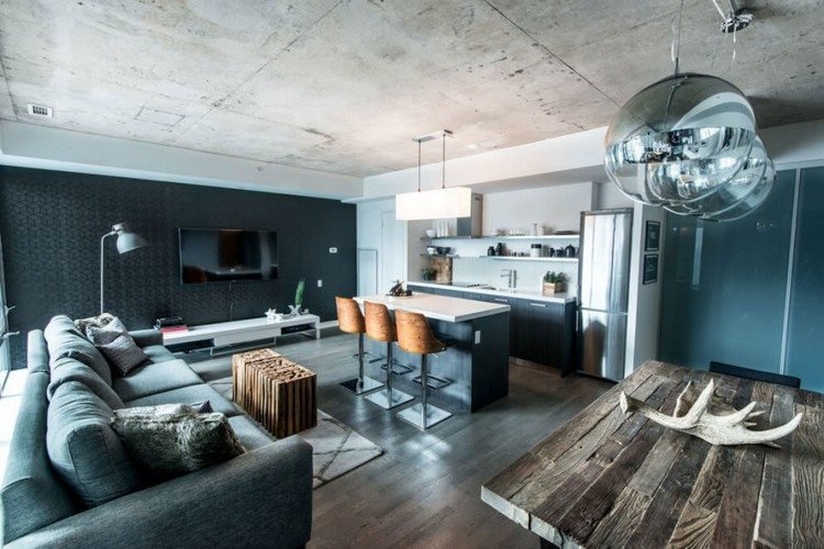 salon-pomysły-panieński-apartament-antracyt-szara-kuchnia-jadalnia