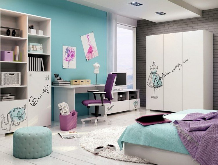 turkusowa farba ścienna, białe meble i fioletowe akcenty Projekt ścian pokoju dziecięcego -ideen-girl-color-turkus-white-meble-lilac-akzenze