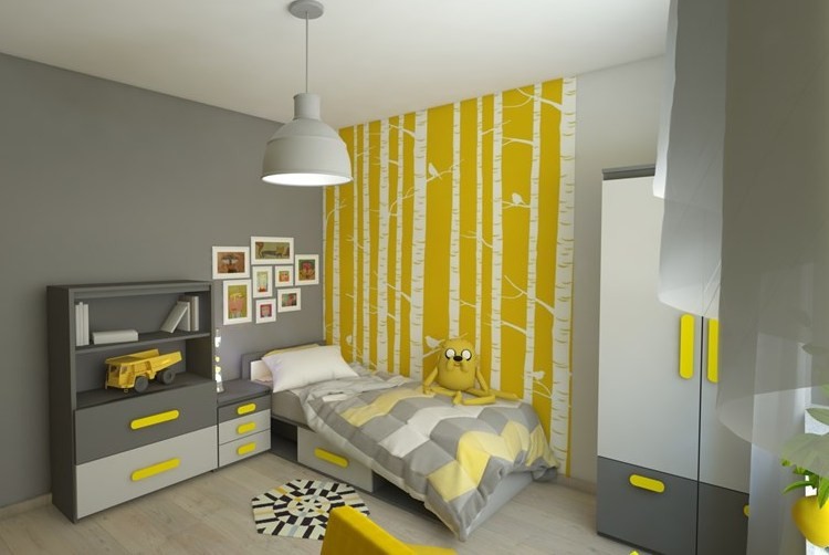 Pokój dziecięcy w kolorze szarym i żółtym - tapeta z motywem brzozy pokój dziecięcy-wall-design-chłopiec-szaro-żółty-tapeta-szablon-brzoza