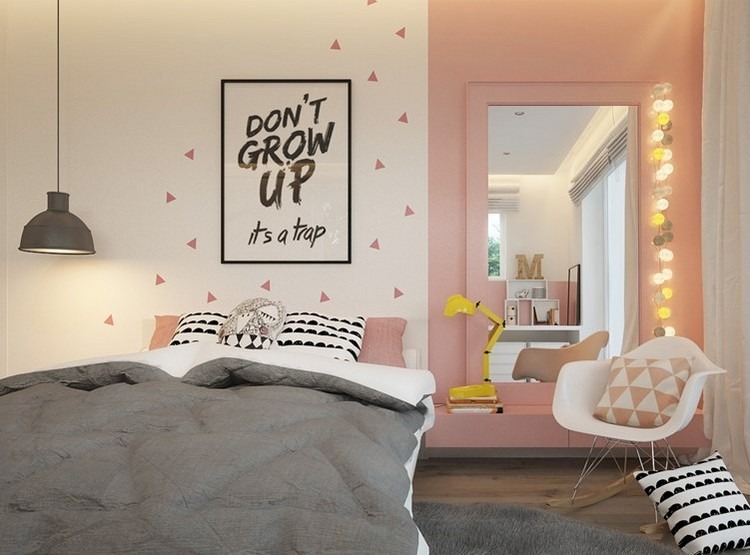 Brzoskwiniowa lub różowa ściana akcentująca i trójkąty pokój dziecięcy-projekt-ściana-dziewczyna-różowy-akcent ścienny-trójkąty-mural-mówienie