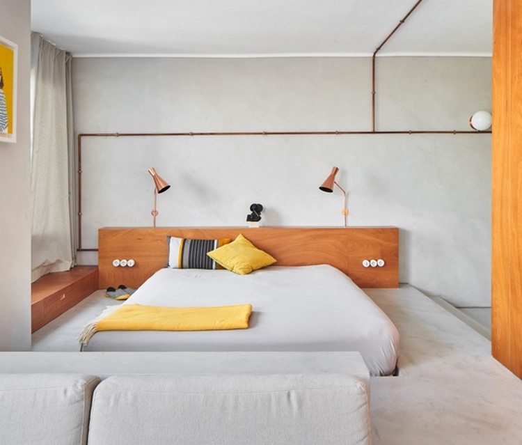 Mikrocementowe miedziane łóżko do sypialni mikro apartament minimalistyczny wystrój