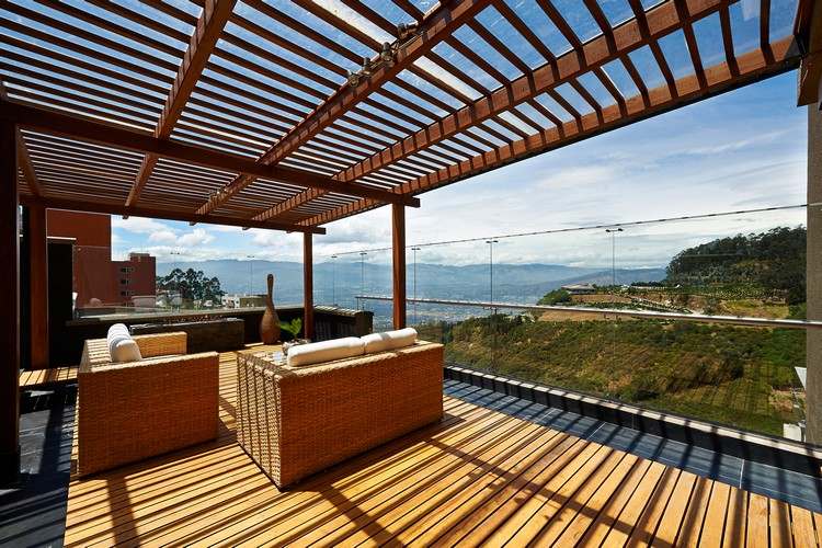 Ochrona przed wiatrem do balustrady szklanej tarasowej-pergola-drewno-doskonały-widok