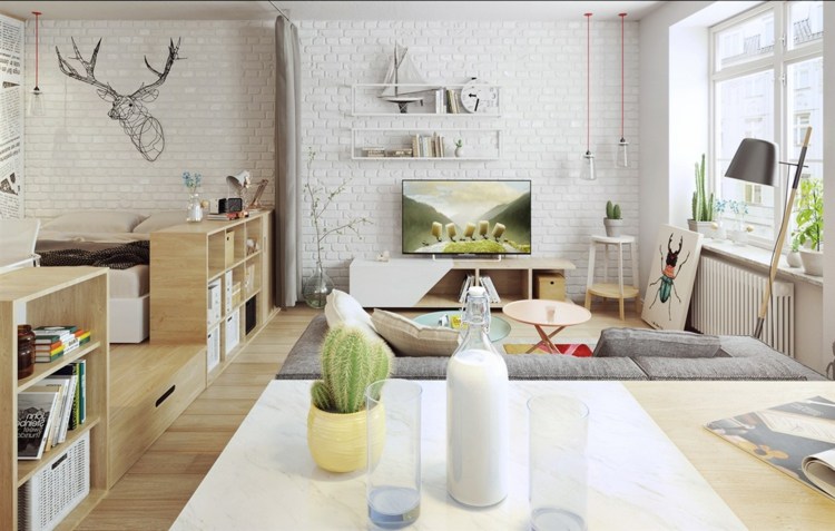 Zapewnij miejsce do przechowywania w mieszkaniu skandynawskim design-apartament-jednopokojowy-apartament-wyposazenie-cokół-sypialnia-pokój dzienny