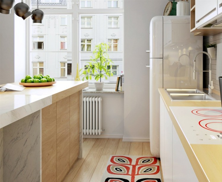Projekt z lodówką retro design-apartament-czerwony-wzór-dywan-marmur-kuchnia-retro-lodówka