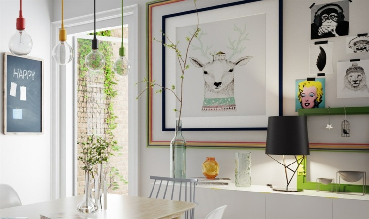 Projekt z dopasowanymi dekoracjami design-apartament-dekoracja-scienna-zdjecia-pomysl-lampki-wiszace-kolorowe-kolory