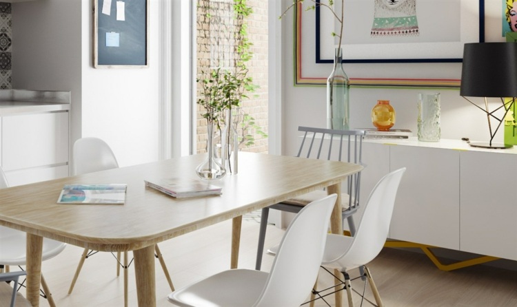 Uczyń nordycką jadalnię prostą design-apartament-kredens-jadalnia-stół-lampa-duża-mural