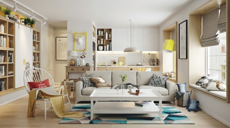 Przyjazny apartament z żółtymi i niebieskimi akcentami zaprojektuj mieszkanie akcenty-kolorowy-salon-dywan-geometryczny-wzór-żółto-niebieski