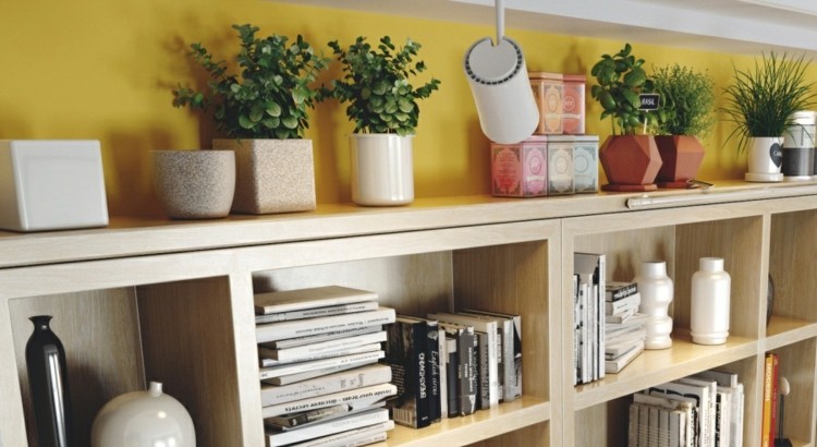 Mieszkanie z żółtymi ścianami i nowoczesnymi drewnianymi półkami design-apartament-ściana-design-żółty-atrakcyjny-skandynawski-deco-elementy-półka