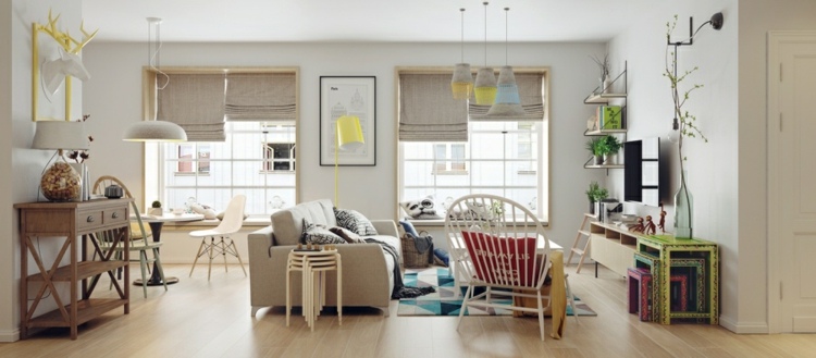 Mieszkanie z meblami w naturalnych tonacjach design-apartament-rolety-szare-meble-vintage-flair-kolorowe akcenty