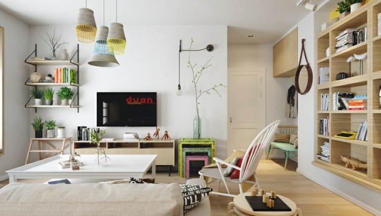 Projekt z lampami wykonanymi z betonu design-apartament-w-półce-drewniane-lampy-design-stolik
