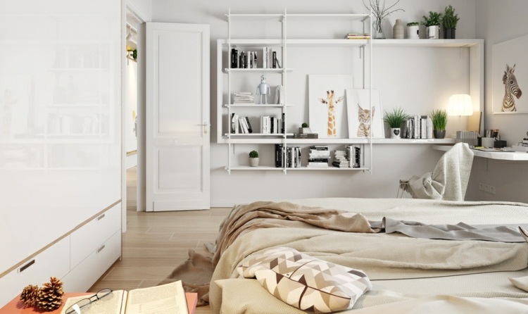 Biały design półek i powierzchni biurowej projekt mieszkania biała-sypialnia-pomysł-nordic-łóżko