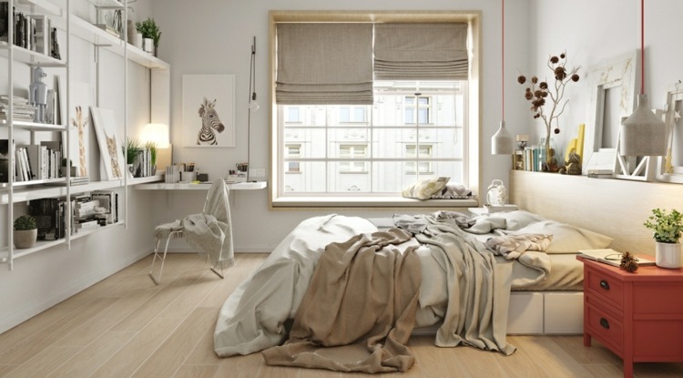 Projekt z szarymi żaluzjami plisowanymi design-apartament-szafka-nocna-czerwona-sypialnia-deco-biała-nordic