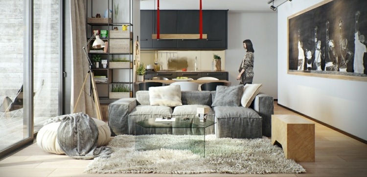 Przytulne mieszkanie design-apartament-szara-dekoracja-wnetrza-czerwone-akcenty-panorama-zdjęcie-dekoracja-ściany