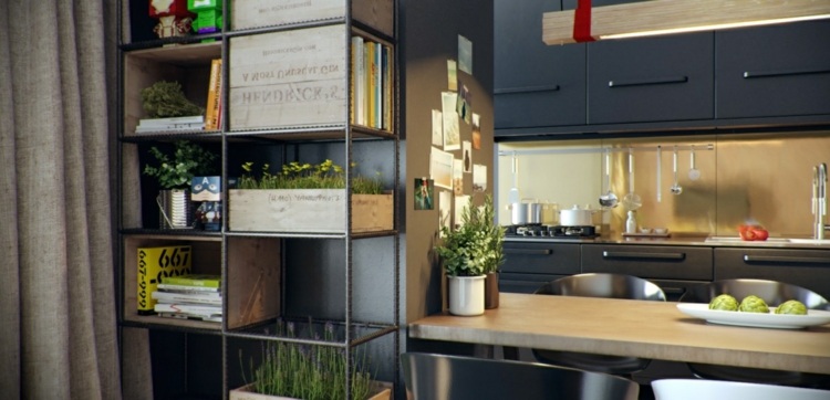 Nadaj mieszkaniu industrialny charakter design-apartament-ogród-wnetrze-półka-industrial-akcent-metal-kuchnia-czarny