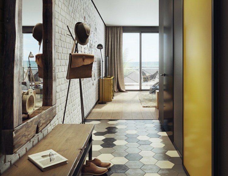 Przedpokój mieszkania design-apartament-sześciokąt-przedpokój-płytki-drewniana-ramka-lustro