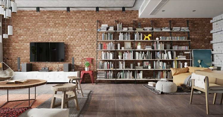 Apartament z murem z czerwonej cegły design-apartament-ceglany-ściana-czerwona-półka-duża-książki-loft-style-nordic