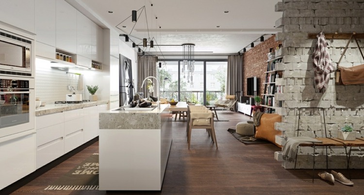 Ściana akcentująca w mieszkaniu z cegły betonowej design-apartament-beton-ściana-cegła-design-pomysł-nowoczesna-wyspa-kuchnia