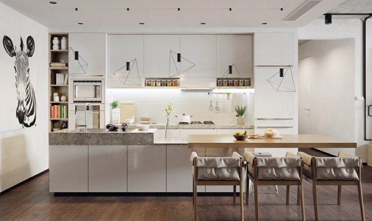 Zaprojektuj kuchnię na biało i dopraw ją geometrycznymi akcentami design-apartament-kuchnia-nordic-geometric-lampy-metalowe-oryginalne-nietoperz krzesla