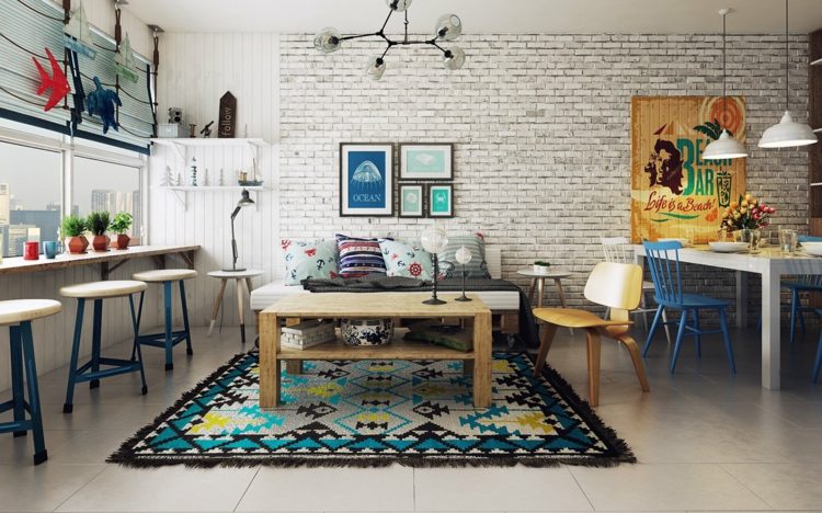 Kolorowe mieszkanie z energiczną charyzmą design-apartament-kolorowe-umeblowanie-klinkier-kamienna-ściana-nowoczesny-stołek
