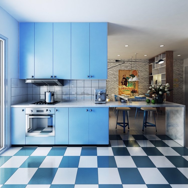 Uderzający projekt kuchni w kolorze jasnoniebieskim designerskie apartamenty kuchnia-jasny niebieski-szafki-w stylu nordyckim