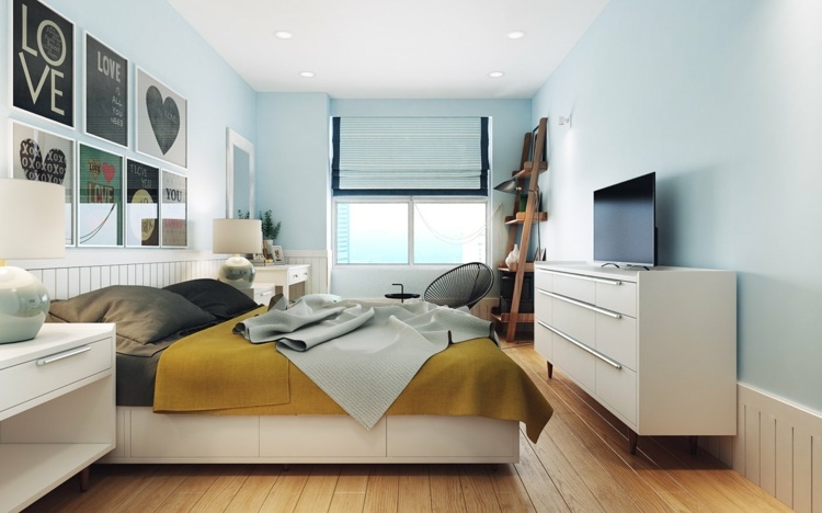 Design w kolorze białym, niebieskim i żółtym w sypialni apartament designerski sypialnia-ściany-kolor-jasnoniebieski-żółty-narzuta-komoda-nowoczesna