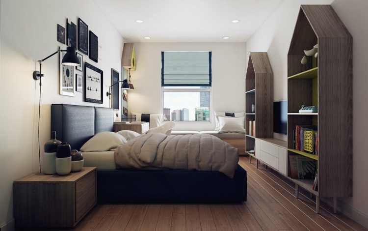 Projektowanie mieszkania - meblościanka w sypialni design-apartament-drewniane-meble-ciemno-czarne-łóżko-skóra-żywotna ściana
