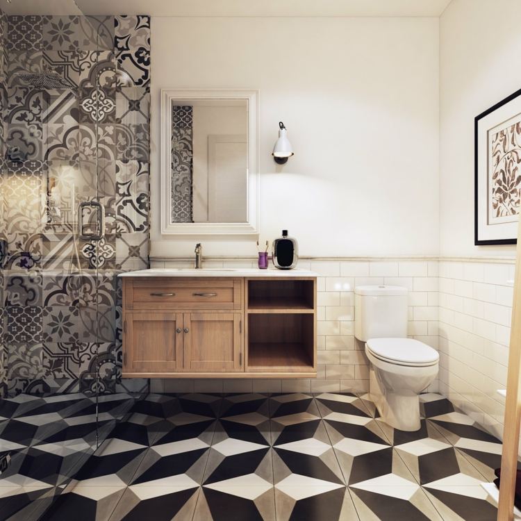 Projekt łazienki z geometrycznymi i patchworkowymi płytkami zaprojektuj mieszkanie łazienka-geometryczna-płytka-projekt-patchwork-prysznic