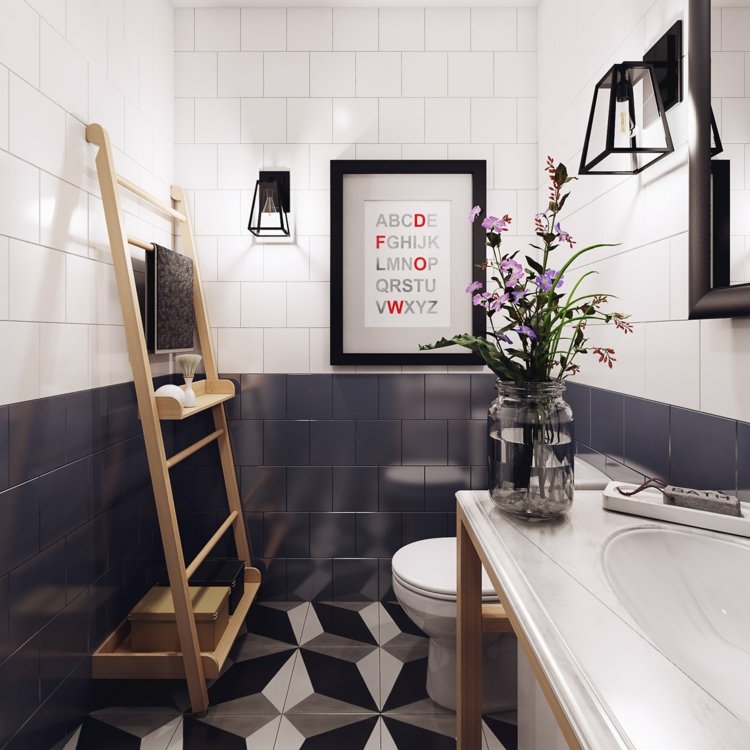 Czarno-biały design w łazience design-apartament-monochromatyczny-łazienka-kwiaty-deco-drewniana-półka
