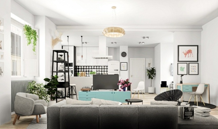 Ten apartament jest ozdobiony jasnoniebieskimi akcentami design-apartament-po prostu-remontuj-skandynawski-design-strefa mieszkalna na otwartym planie