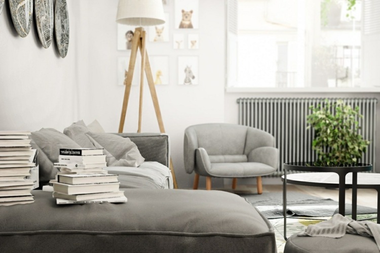 Umebluj płaskie monochromatyczne i jasne design-apartament-fotel-design-relaks-salon-grzejnik-szara-lampa podłogowa