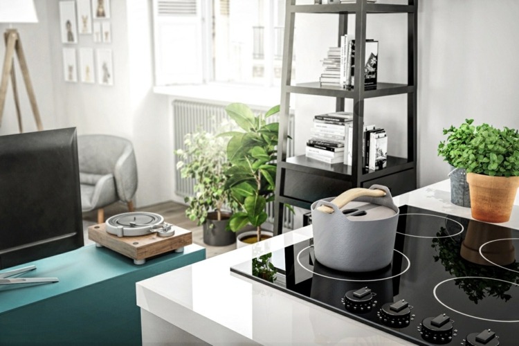 Połącz w mieszkaniu nowoczesne technologie i elementy rustykalne design-apartament-piec-blat-nowoczesna-technologia-kuchnia-turkusowa-szafka