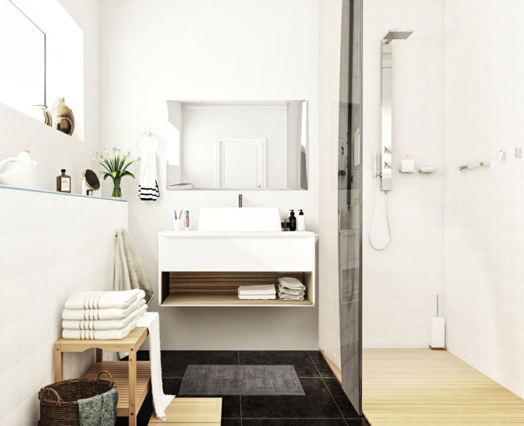 Wzór drewna w łazience design-apartament-nowoczesny-łazienka-nordic-płytki-mokra-komórka-czarna-szklana-ściana