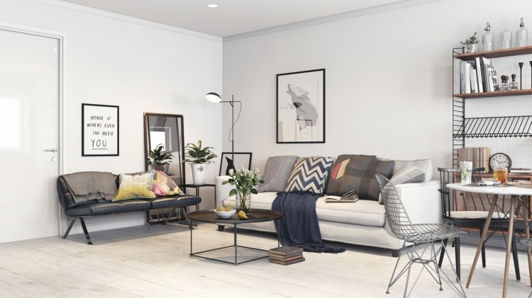 Oryginalny pomysł na mieszkanie w stylu Bauhaus i skandynawskim design-apartament-skórzana-ławka-czarna-lustro-metalowa-półka-scadinavian