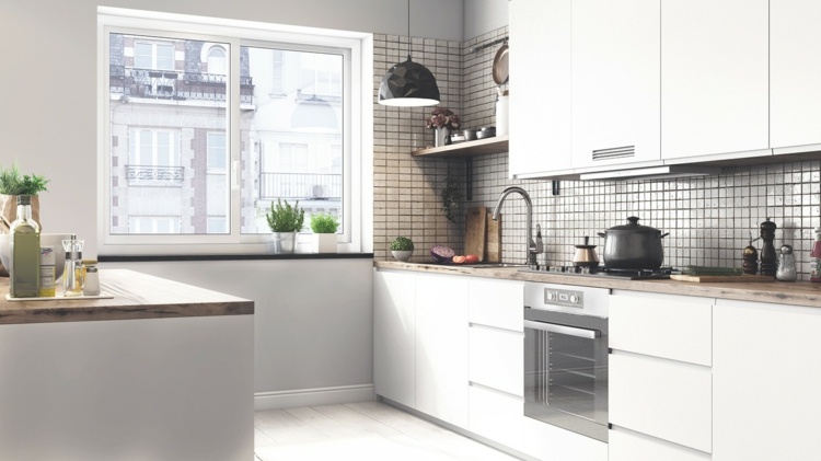 Projekt lustra kafelkowego w kolorze szarym i z mozaiką design-apartament-prosta-kuchnia-tył-mozaika-ścienna-szara