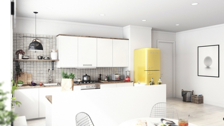 Projektowanie mieszkania - prosta i atrakcyjna kuchnia design-apartament-biała-kuchnia-akcent-żółta-lodówka