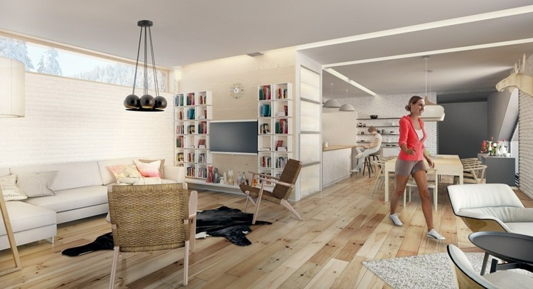 Klasyczne meble do mieszkania w stylu nordyckim design-apartament-kolor-kremowy-narożna-półka-parkiet
